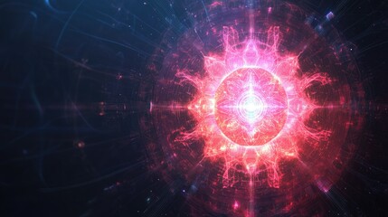 Naklejka premium Digital chakra patterns glowing on a dark background, with space for messaging on technology beliefs.