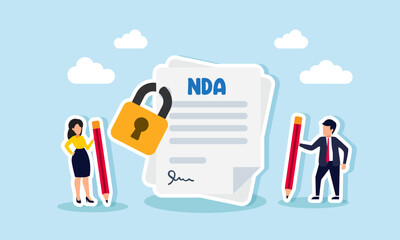 A businessman and businesswoman each holding a pencil to sign an NDA, illustrating an agreement to keep company documents confidential