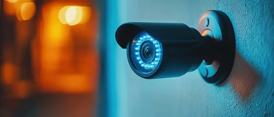 Night vision security camera mounted on a wall with glowing infrared lights. © bismillah_bd