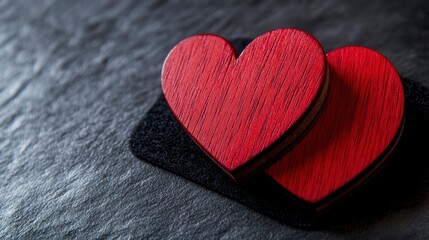 Two Red Wooden Interlocking Hearts On Black Felt Background - Valentine's Day / Marriage Concept with generative ai