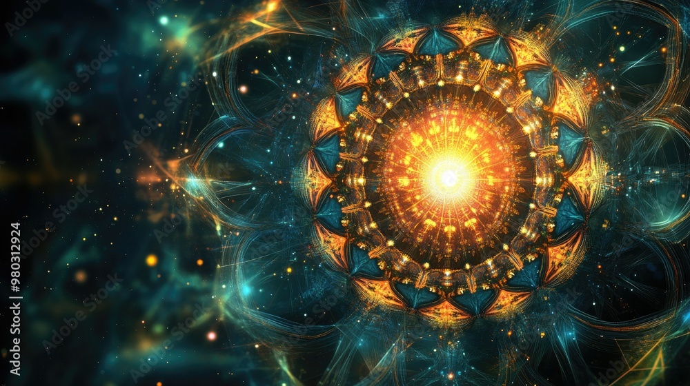 Fototapete digital mandala art representing the intersection of belief and technology, with space for text