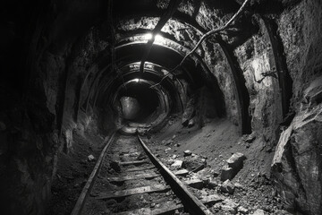 Underground coal mining tunnel with equipment. Narrow gauge railroad tracks in mine