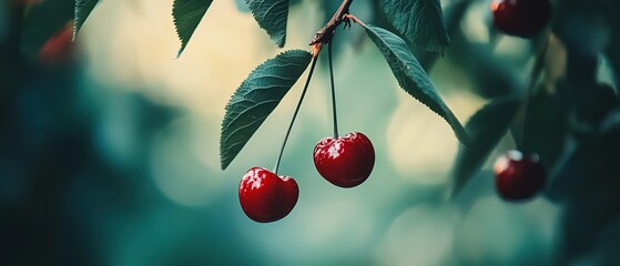 Close-up of two bright red cherries hanging from a branch.