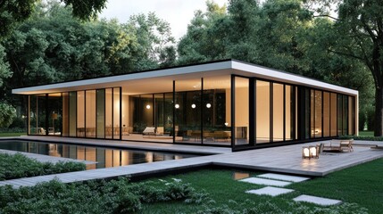 Fototapeta premium A modern, minimalist home design featuring large glass windows, clean lines, and an open floor plan. The house is surrounded by greenery, blending seamlessly with the environment.