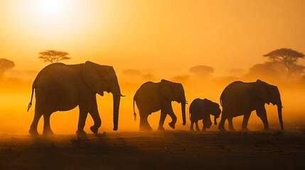 Fototapeta premium A family of elephants walking in a line across a dusty African plain, with the golden glow of sunset highlighting their large silhouettes