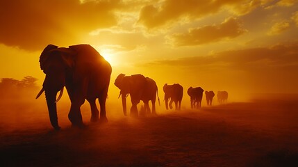 A family of elephants walking in a line across a dusty African plain, with the golden glow of sunset highlighting their large silhouettes