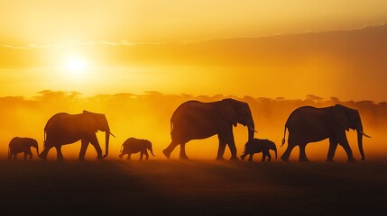 Fototapeta premium A family of elephants walking in a line across a dusty African plain, with the golden glow of sunset highlighting their large silhouettes