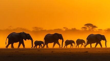 Obraz premium A family of elephants walking in a line across a dusty African plain, with the golden glow of sunset highlighting their large silhouettes