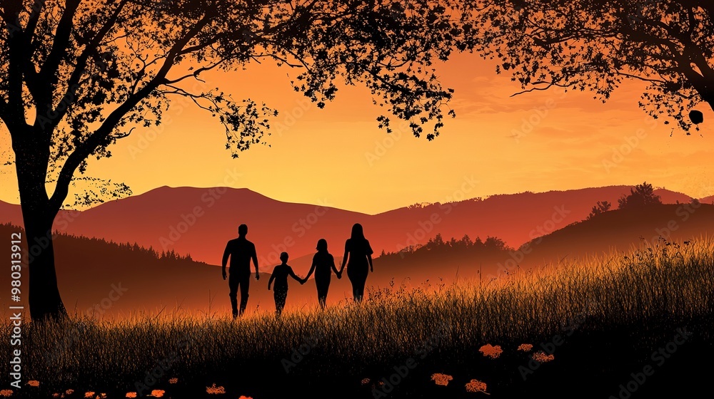 Poster A silhouette of a family walking at sunset, surrounded by hills and trees, creating a tranquil autumn scene. 