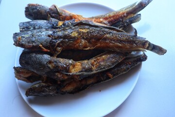 Fried catfish on a white plate close up view.