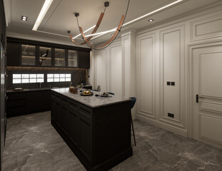 3d illustration interior of the kitchen was designed as a combination of classic modern and glamour styles. Grey decorative fronts of cabinets harmonize with black marble.