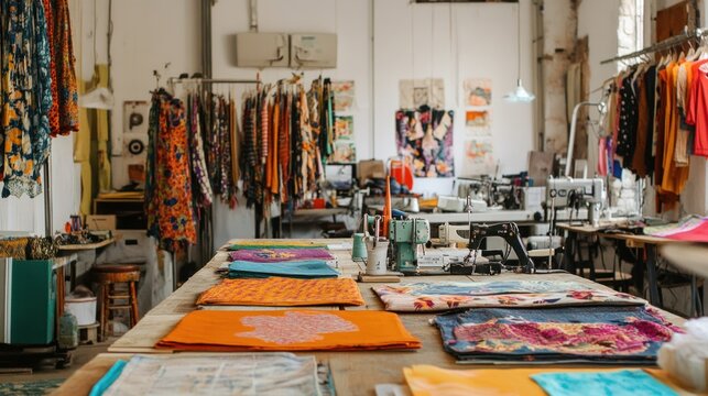 A workshop where ethical fashion designers are creating upcycled clothing from recycled materials. Tables are filled with colorful fabrics, and sewing machines hum in the background.