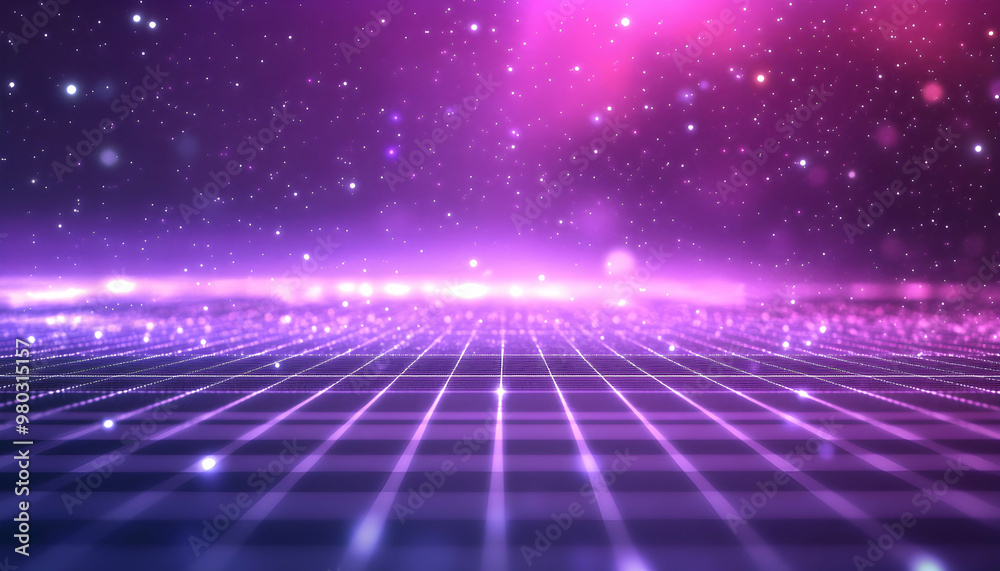 Sticker Abstract purple grid background with glowing lights.