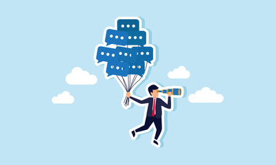 A businessman looking through a telescope and hanging from a dialogue balloon, illustrating the analysis and study of received feedback for business improvement and progress