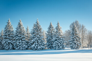 Fototapeta premium A serene winter landscape with snow-covered pine trees and a clear blue sky, capturing the tranquility and purity of nature in the cold season