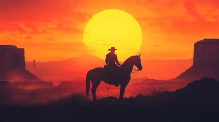 A silhouette of a cowboy on horseback against a sunset in a desert landscape. 