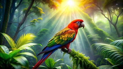 Vibrant plumage of a wild parrot shines amidst lush green foliage and misty rainforest atmosphere, its radiant neon colors bursting with tropical vibrancy and energy.