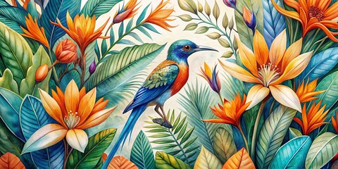 Obraz premium Vibrant watercolor illustration of a bird of paradise surrounded by lush exotic orange and blue flowers with delicate petals and intricate details.