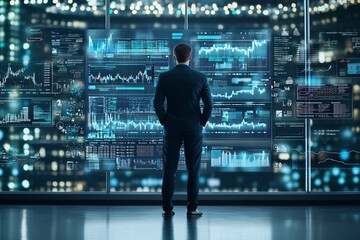Obraz premium A businessman stands in front of a large digital screen filled with financial data and policy-related icons, contemplating the impact of economic policies on his investment strategy. The image offers
