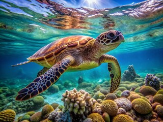 Fototapeta premium A majestic sea turtle glides effortlessly through the crystal-clear turquoise water, its flippers propelling it forward as it explores the vibrant coral reef ecosystem.