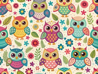 Whimsical seamless pattern featuring adorable cartoon owls in vibrant colors, playful poses, and endearing expressions, perfect for cheerful designs and kid-friendly projects.