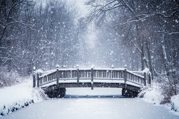 A snow-covered bridge over a frozen river, with gentle snowfall adding a magical touch to the wintry scene, evoking nostalgia and quiet contemplation