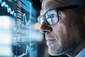 A businessman in a modern office reviews financial data on a screen with economic policy indicators subtly displayed in the background, signifying the ongoing evaluation of policy impacts on