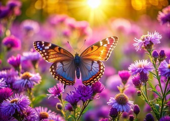 Obraz premium A delicate butterfly with iridescent wings spreads its wings among a cluster of vibrant purple flowers in a lush, sun-kissed meadow.