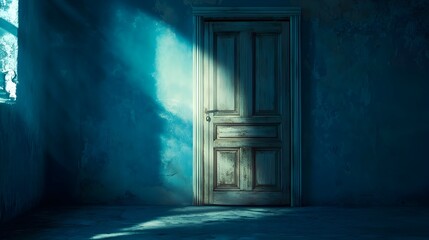 Fototapeta premium Vintage door in an old room with light shining through, mystery and adventure