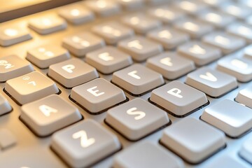 Close up of the keyboard keys on a computer, focusing on white and beige tones with letters in English