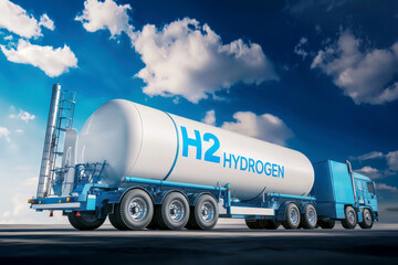 A hydrogen fuel truck transportation, representing renewable energy and sustainable fuel sources in a modern landscape.