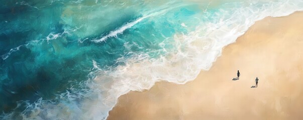Aerial view of serene beach with turquoise water and golden sand, where two figures walk along the shore, capturing a peaceful moment.