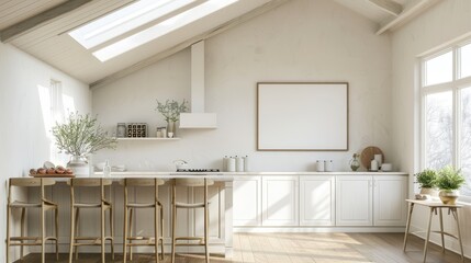 Fototapeta premium Bright Scandinavian Kitchen with Skylight Illuminating White Cabinets and Blank Poster Mockup Above Breakfast Bar
