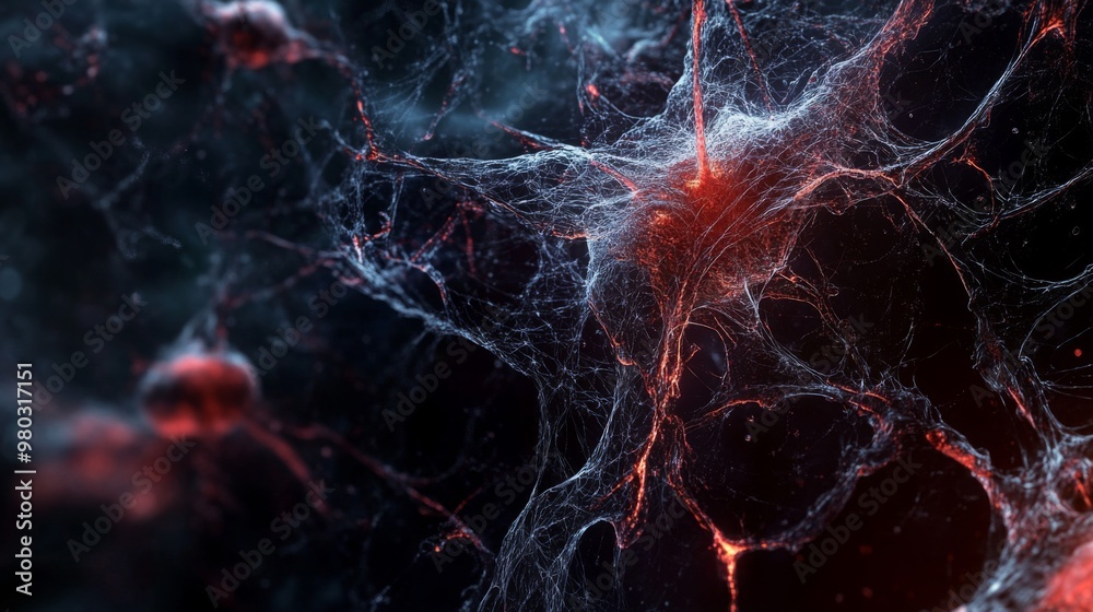 Fototapete Delicate neural structures are highlighted by glowing points of light, emphasizing the complexity of brain connectivity in a darkened background that enhances the ethereal beauty of the neurons.
