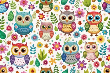 Whimsical colorful cartoon owl seamless pattern featuring adorable owls in various poses and expressions amidst vibrant flowers and leaves on a white background.