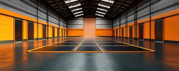 A factory hall with rotating solar panels that adjust based on sunlight for optimal energy generation, rotating solar panels factory hall, maximized solar efficiency