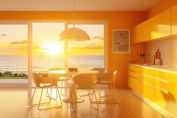 Fototapeta premium Modern Coastal Kitchen and Dining Area with Ocean Sunset View and Vibrant Yellow Wall Poster Mockup
