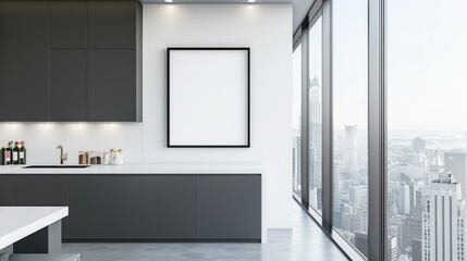 Modern Minimalist Kitchen with Urban View and Blank Poster Mockup for Design Showcase