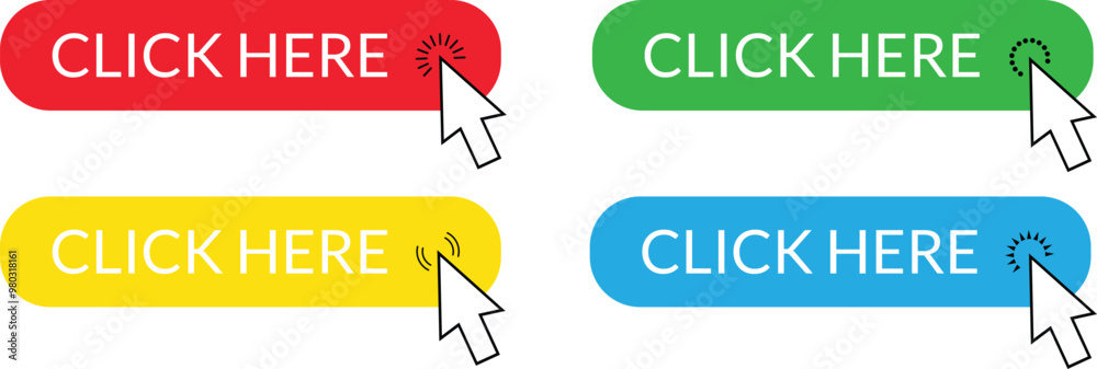 Poster set of red yellow green blue click here button. arrow pointer click button vector illustration.