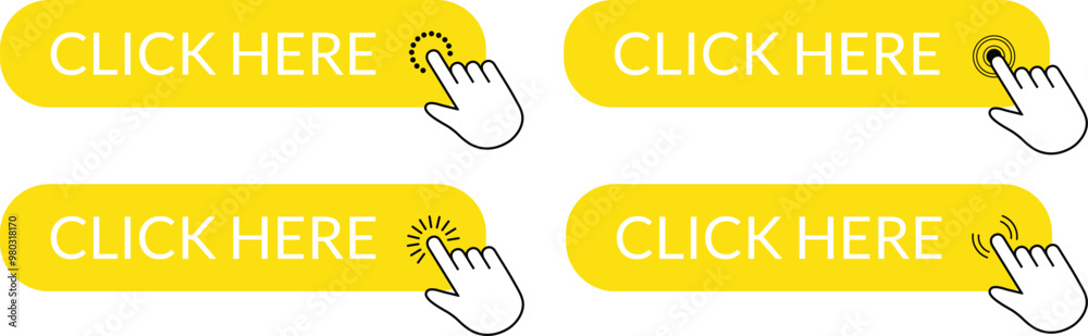 Aufkleber set of yellow click here button. hand click button vector illustration.
