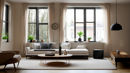 Fototapeta premium Elegant, modern, well-lit living room Generative AI