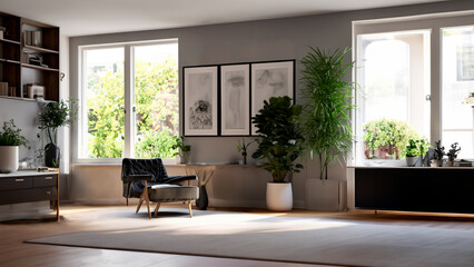 Fototapeta premium Elegant, modern, well-lit living room Generative AI