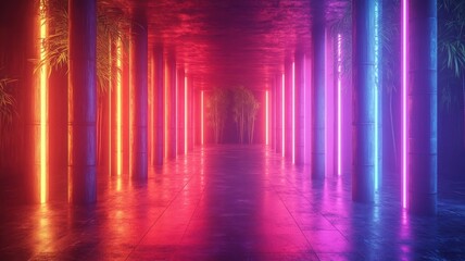Fototapeta premium A neon synthwave bamboo with glowing outlines and vibrant neon colors, set against a retro-futuristic design with geometric elements and dynamic visuals.