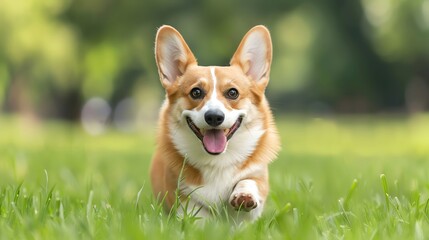 A happy corgi running joyfully through a lush green field, showcasing its playful nature and adorable features.
