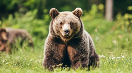 Fototapeta premium Majestic Brown Bear Resting Peacefully in Forest Clearing