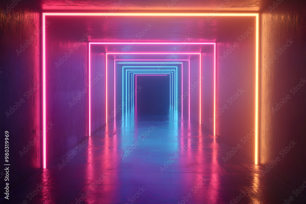 Wall mural abstract neon light tunnel with vibrant pink, blue, and orange colors.