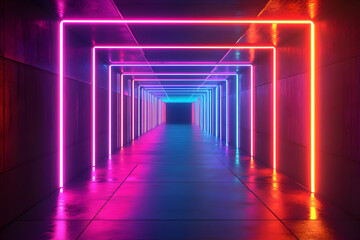 Futuristic neon tunnel with vibrant blue, pink, and red lighting.