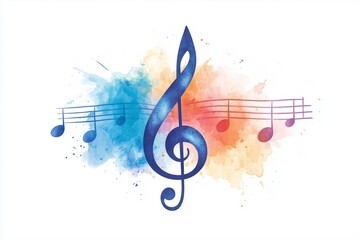 Watercolor-Style Treble Clef and Musical Staff with Vivid Colors on a White Background