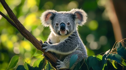 Fototapeta premium Cute Koala Clinging to Tree Branch in Lush Green Forest