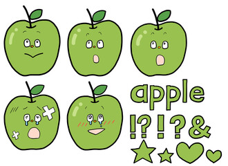 シンプルでかわいい表情豊かな青りんごのイラストセット